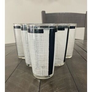 Vintage‎ WHITE BURLAP 6 GLASSES BLACK BORDER~11oz~BEVERAGE~TUMBLER Barware
